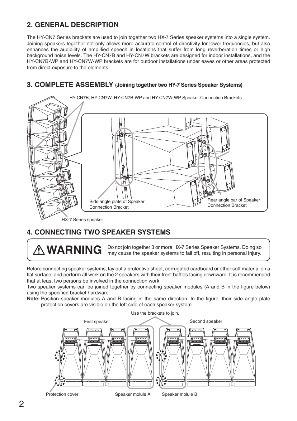 General description, Complete assembly, Connecting two speaker systems | General description 3. complete assembly, Joining together two hy-7 series, Speaker systems), Warning | Toa HY-CN7W-WP User Manual | Page 2 / 8