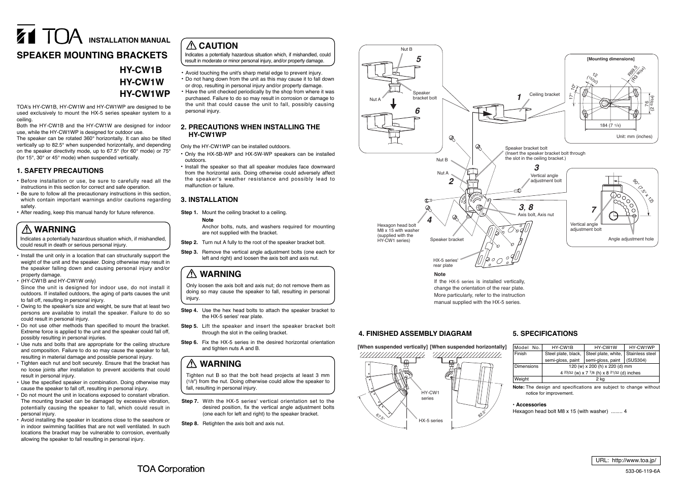 Toa HY-CW1WP User Manual | 1 page