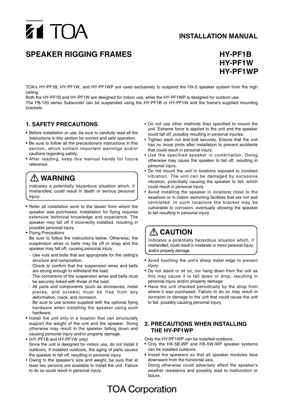 Toa HY-PF1WP User Manual | 4 pages