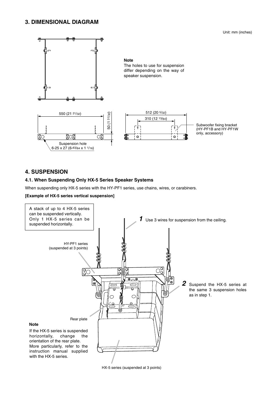 Dimensional diagram, Suspension, When suspending only hx-5 series speaker systems | Toa HY-PF1WP User Manual | Page 2 / 4