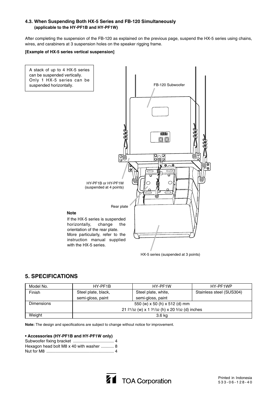 Specifications | Toa HY-PF1WP User Manual | Page 4 / 4