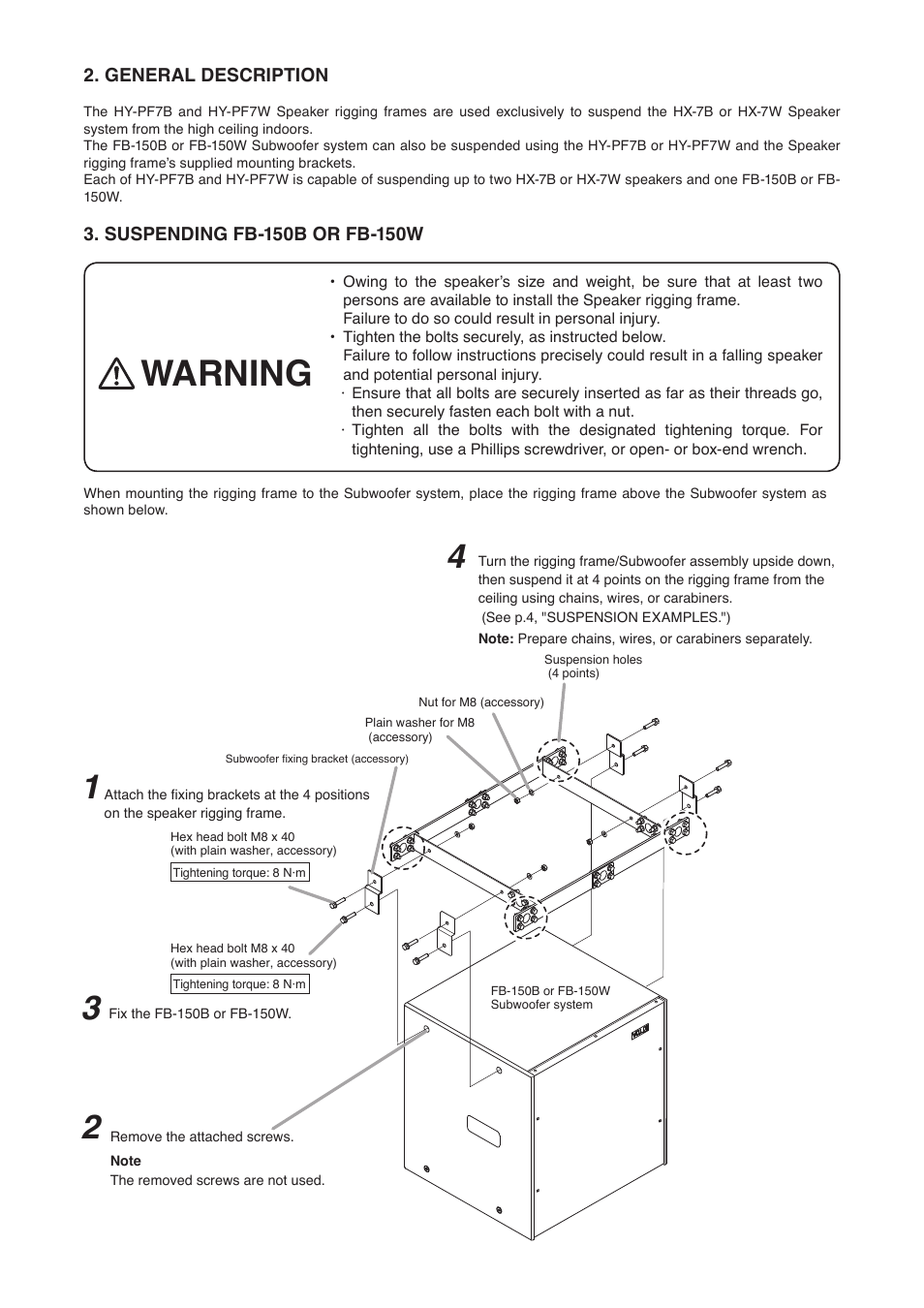 Warning | Toa HY-PF7W User Manual | Page 2 / 4
