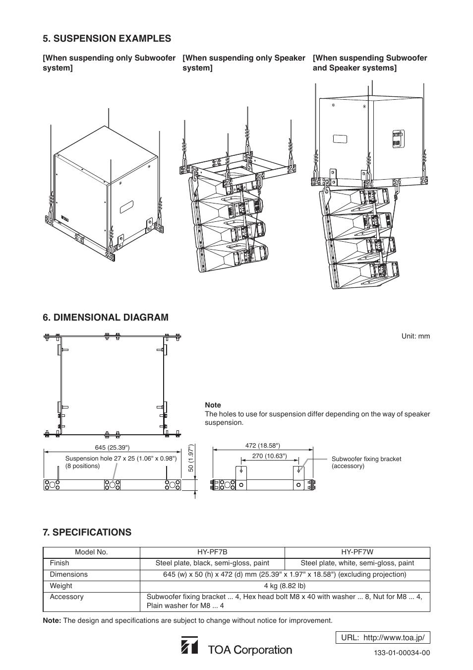 Specifications, Suspension examples, Dimensional diagram | Toa HY-PF7W User Manual | Page 4 / 4