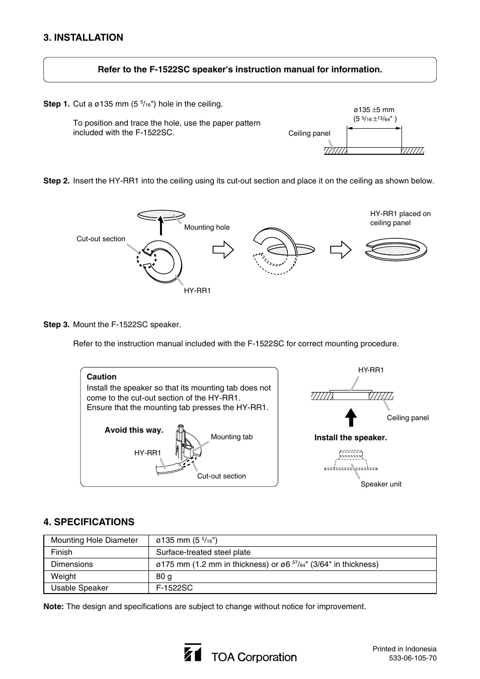 Installation, Specifications | Toa HY-RR1 User Manual | Page 2 / 2