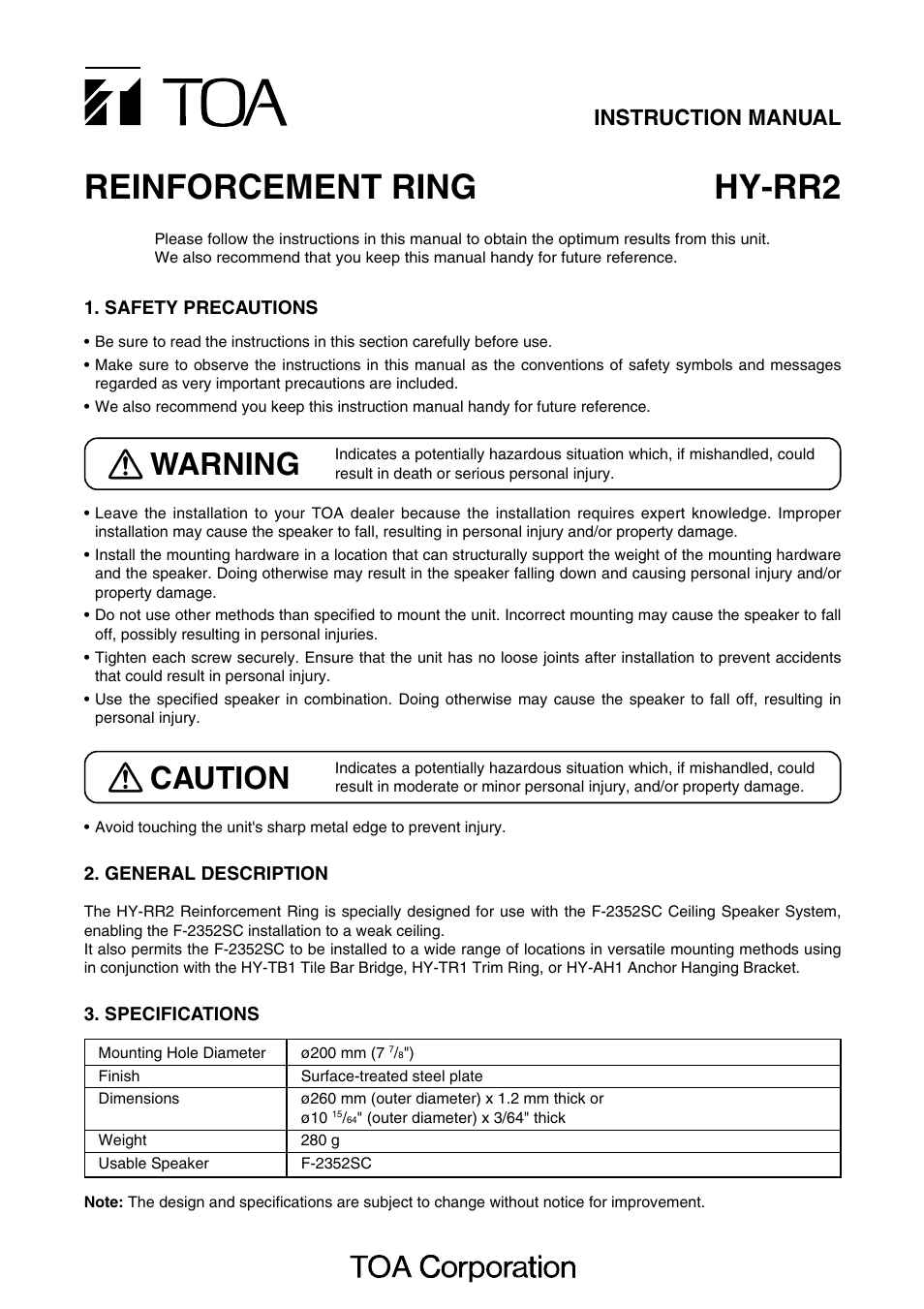 Toa HY-RR2 User Manual | 2 pages