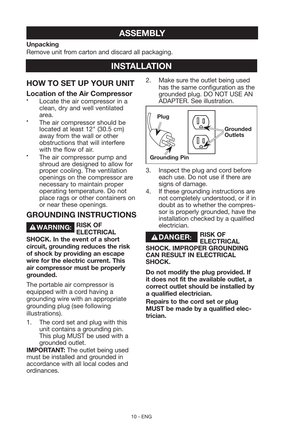 Assembly, Installation, How to set up your unit | Grounding instructions | Craftsman 919.15216 User Manual | Page 10 / 40