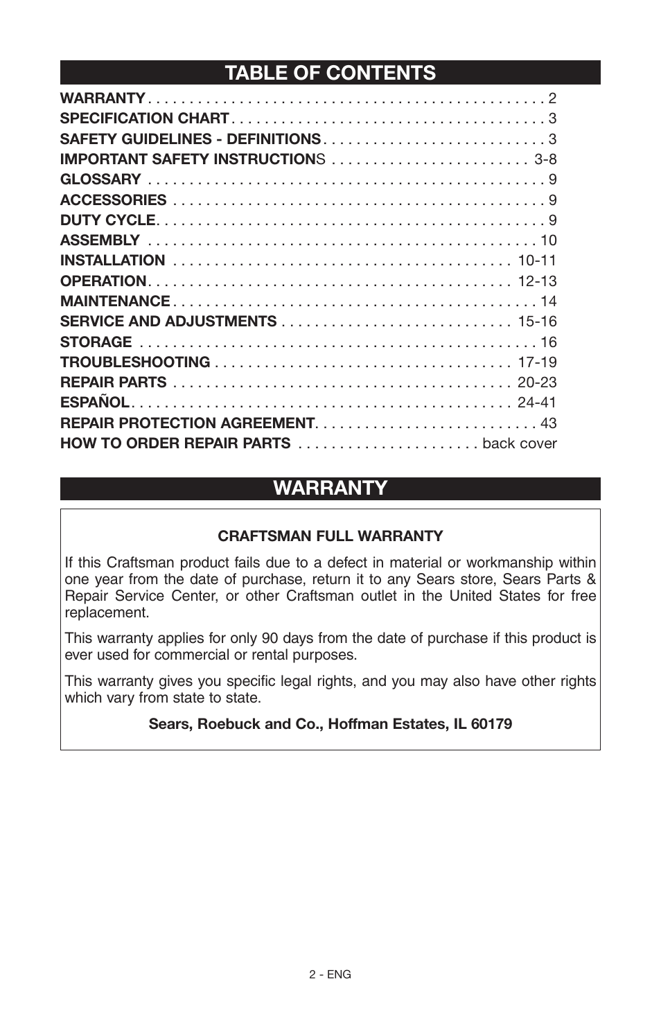 Table of contents warranty | Craftsman 919.15216 User Manual | Page 2 / 40