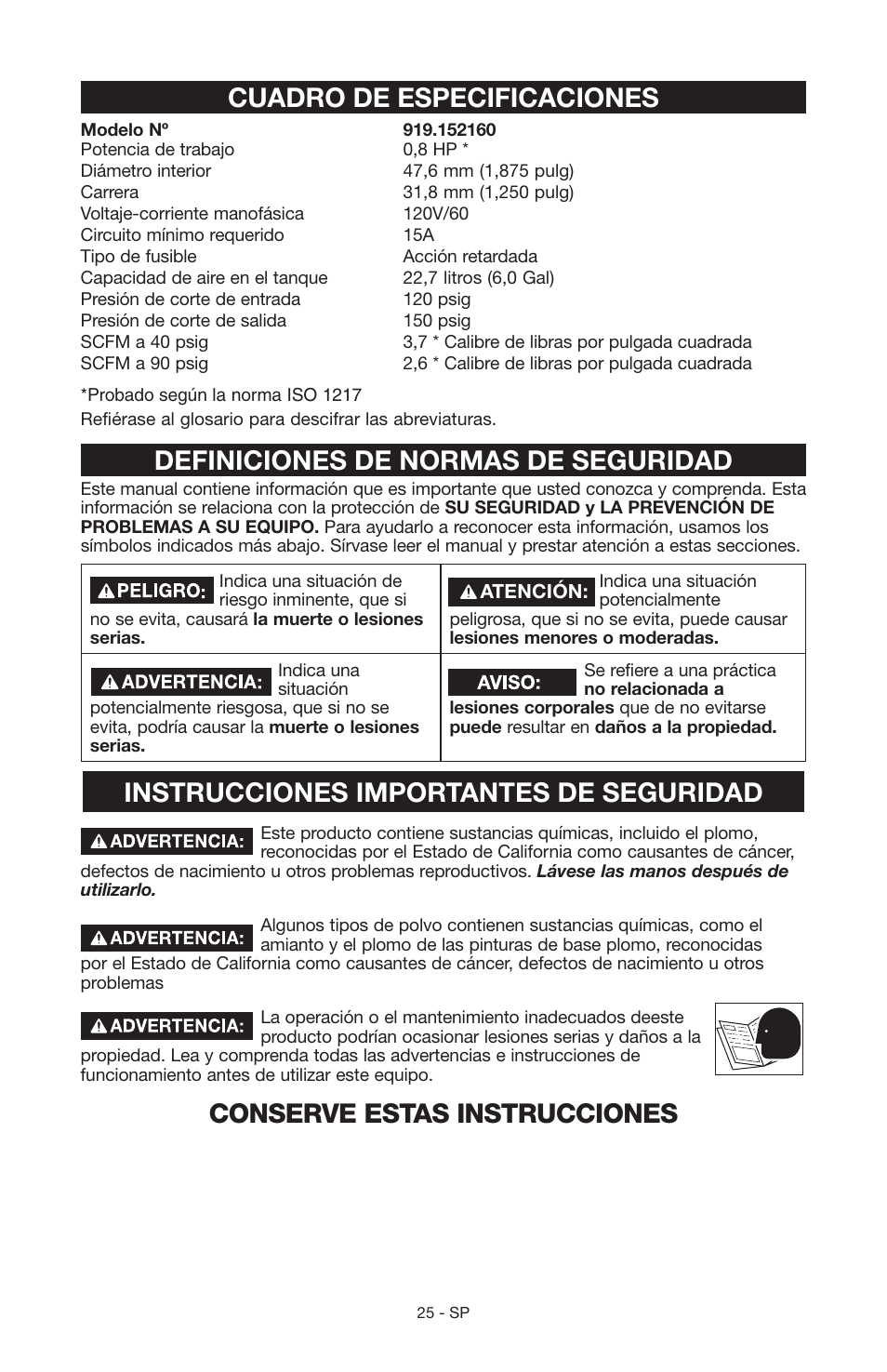 Cuadro de especificaciones, Definiciones de normas de seguridad, Instrucciones importantes de seguridad | Conserve estas instrucciones | Craftsman 919.15216 User Manual | Page 21 / 40