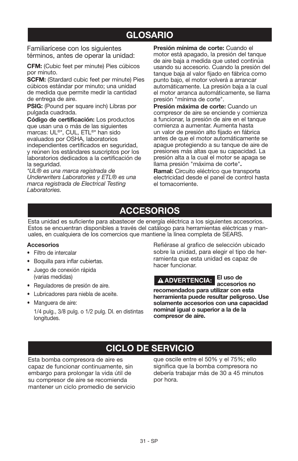 Glosario accesorios, Ciclo de servicio | Craftsman 919.15216 User Manual | Page 27 / 40