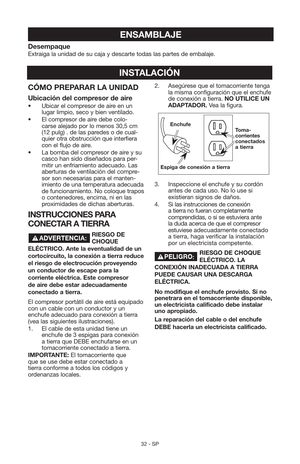Ensamblaje, Instalación, Instrucciones para conectar a tierra | Cómo preparar la unidad | Craftsman 919.15216 User Manual | Page 28 / 40