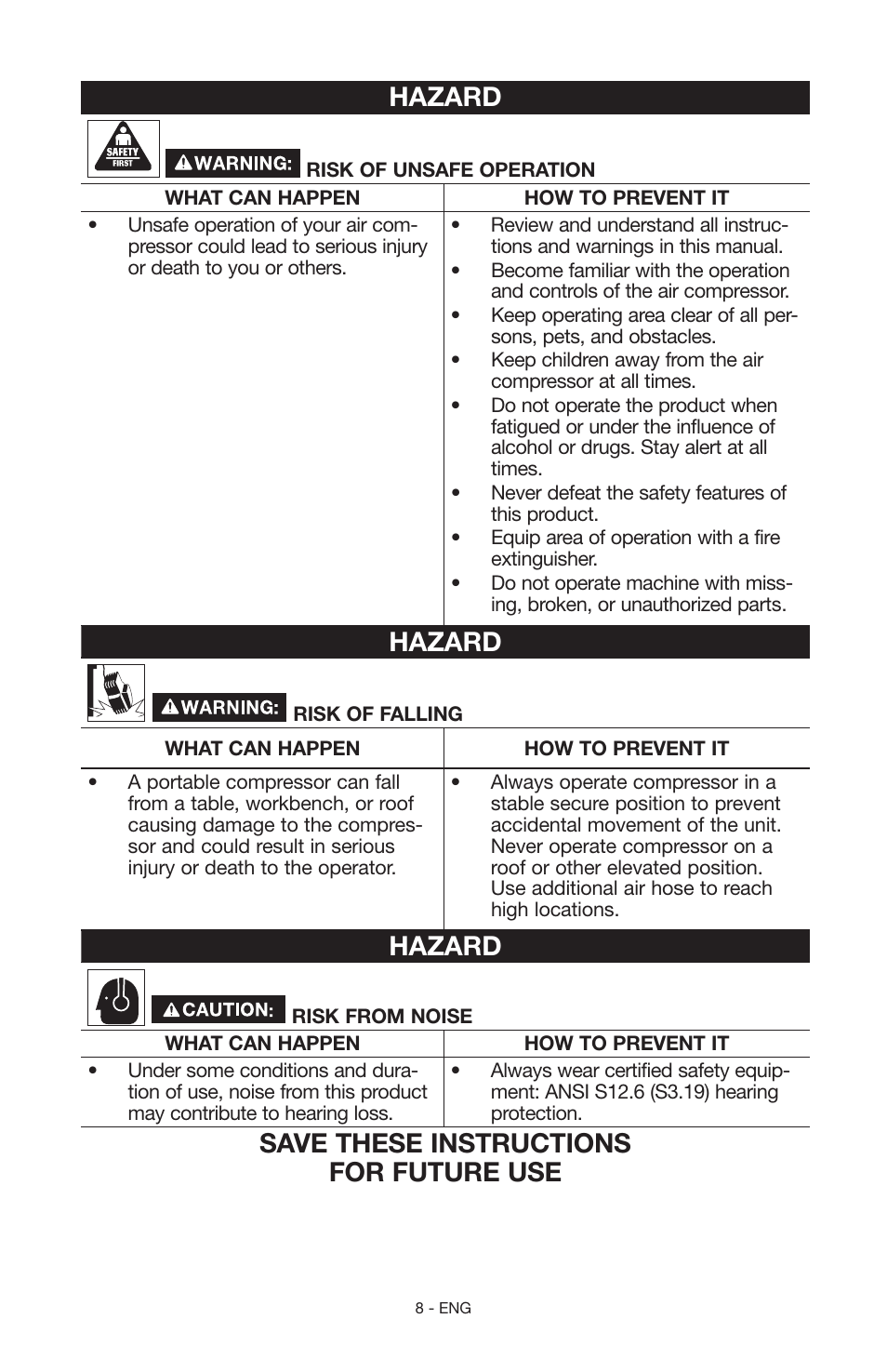 Hazard, Save these instructions for future use | Craftsman 919.15216 User Manual | Page 8 / 40