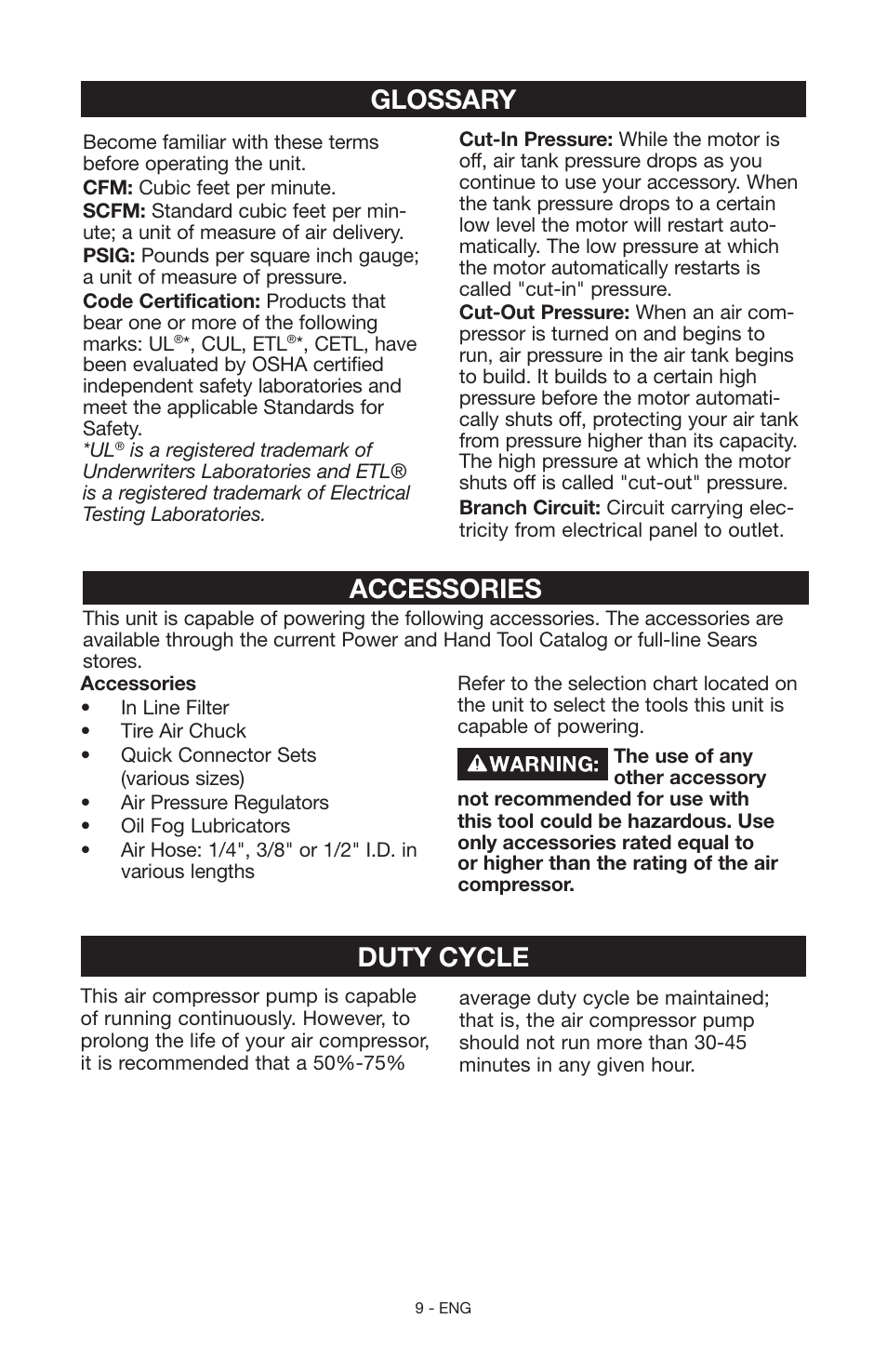 Glossary, Accessories, Duty cycle | Craftsman 919.15216 User Manual | Page 9 / 40