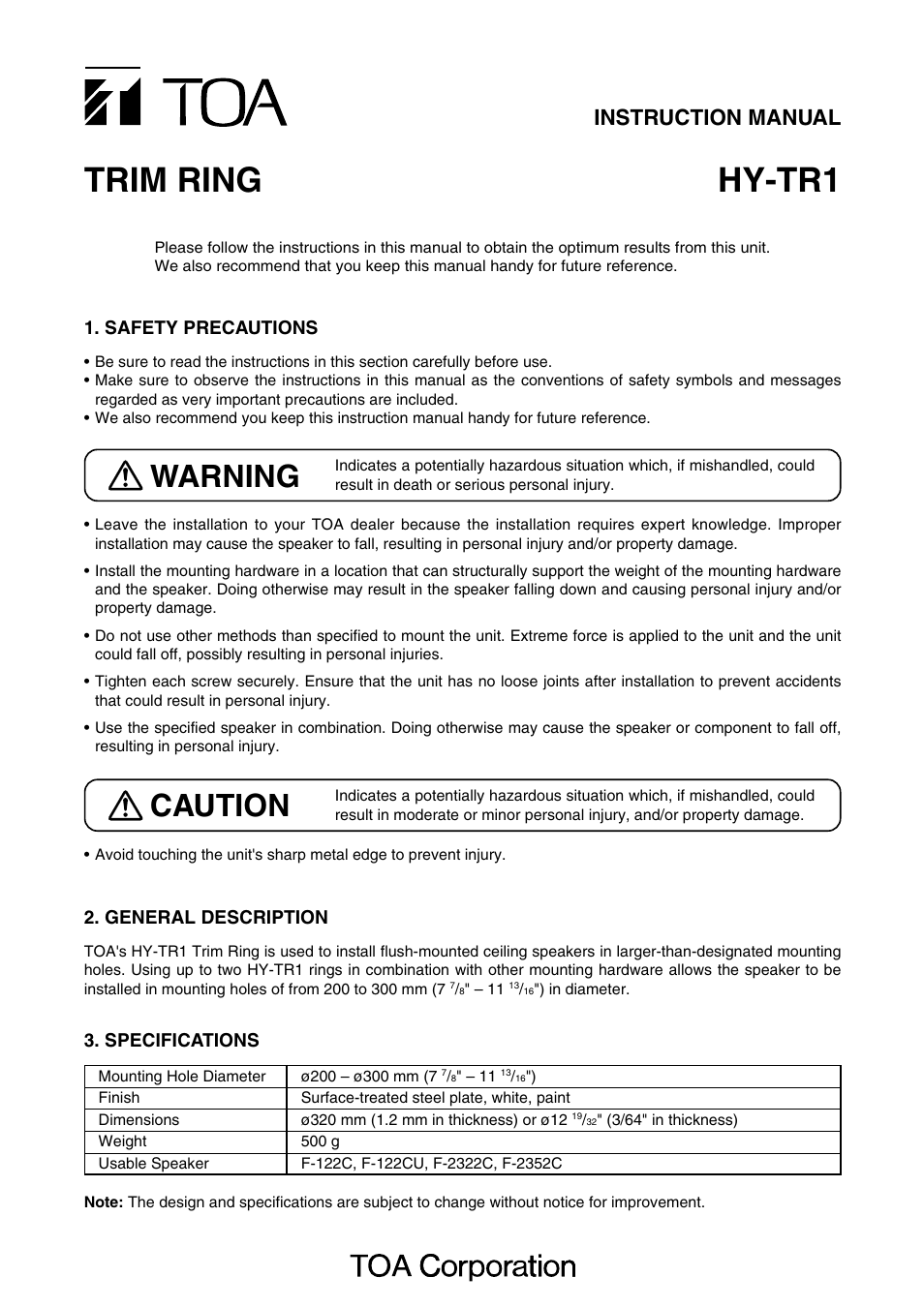 Toa HY-TR1 User Manual | 2 pages