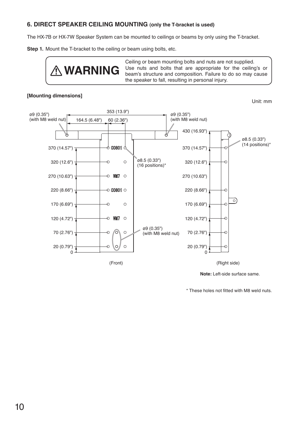 Warning, Direct speaker ceiling mounting | Toa HY-VM7W User Manual | Page 10 / 12