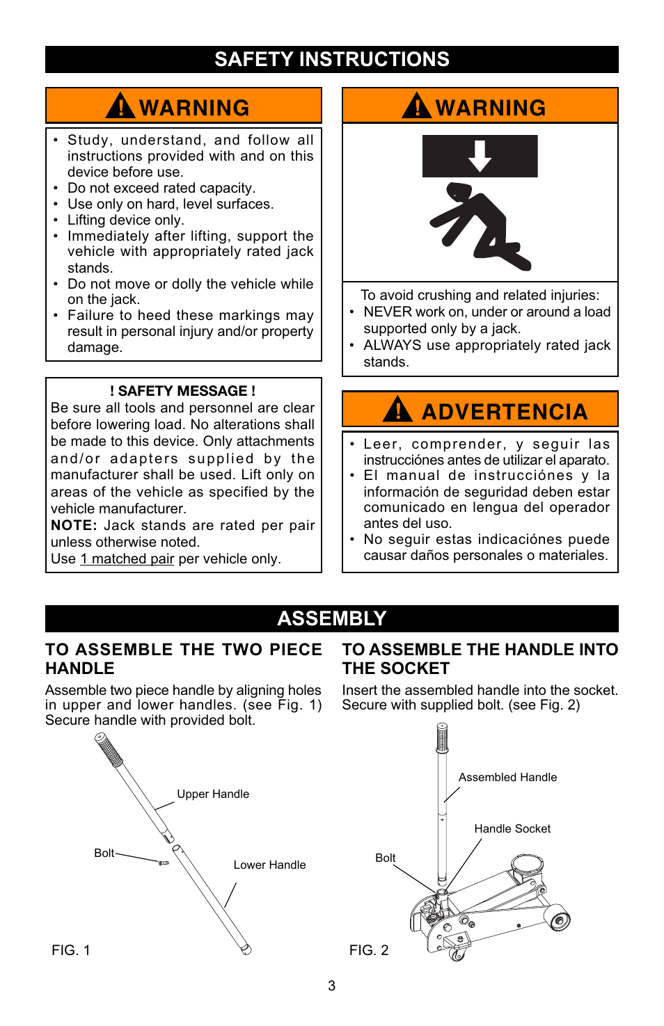 Warning, Advertencia, Safety instructions | Assembly | Craftsman 50136 User Manual | Page 3 / 8