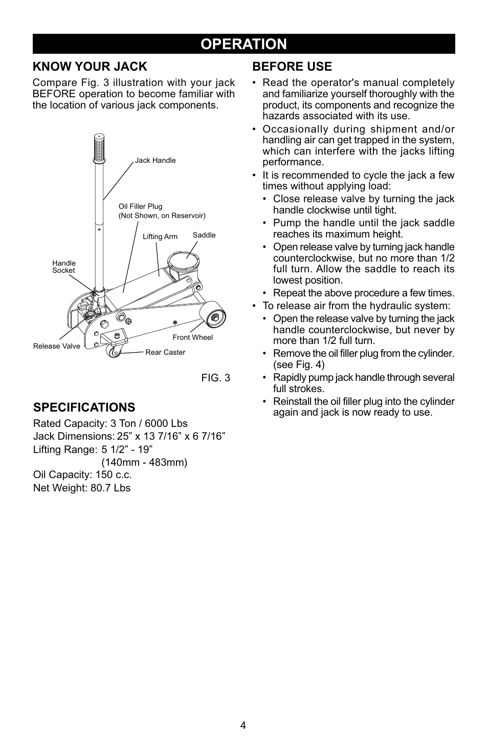 Operation, Know your jack, Before use | Specifications | Craftsman 50136 User Manual | Page 4 / 8