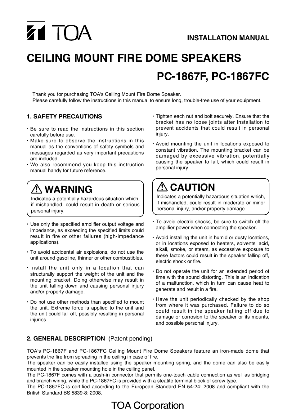 Toa PC-1867FC User Manual | 4 pages