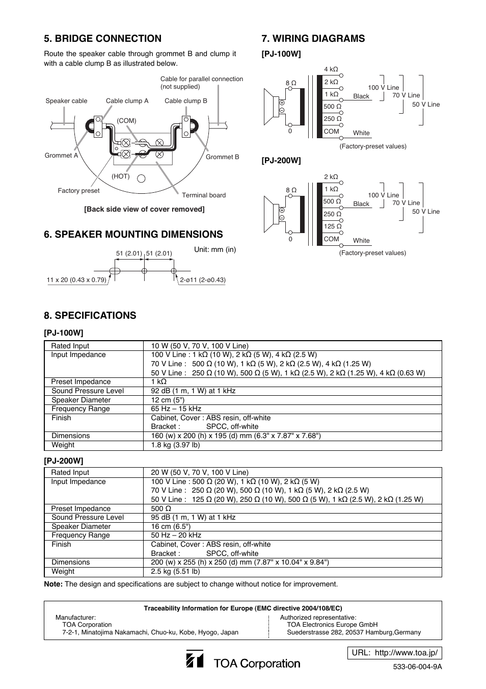 Specifications, Wiring diagrams 5. bridge connection, Speaker mounting dimensions | Toa PJ-200W User Manual | Page 2 / 2