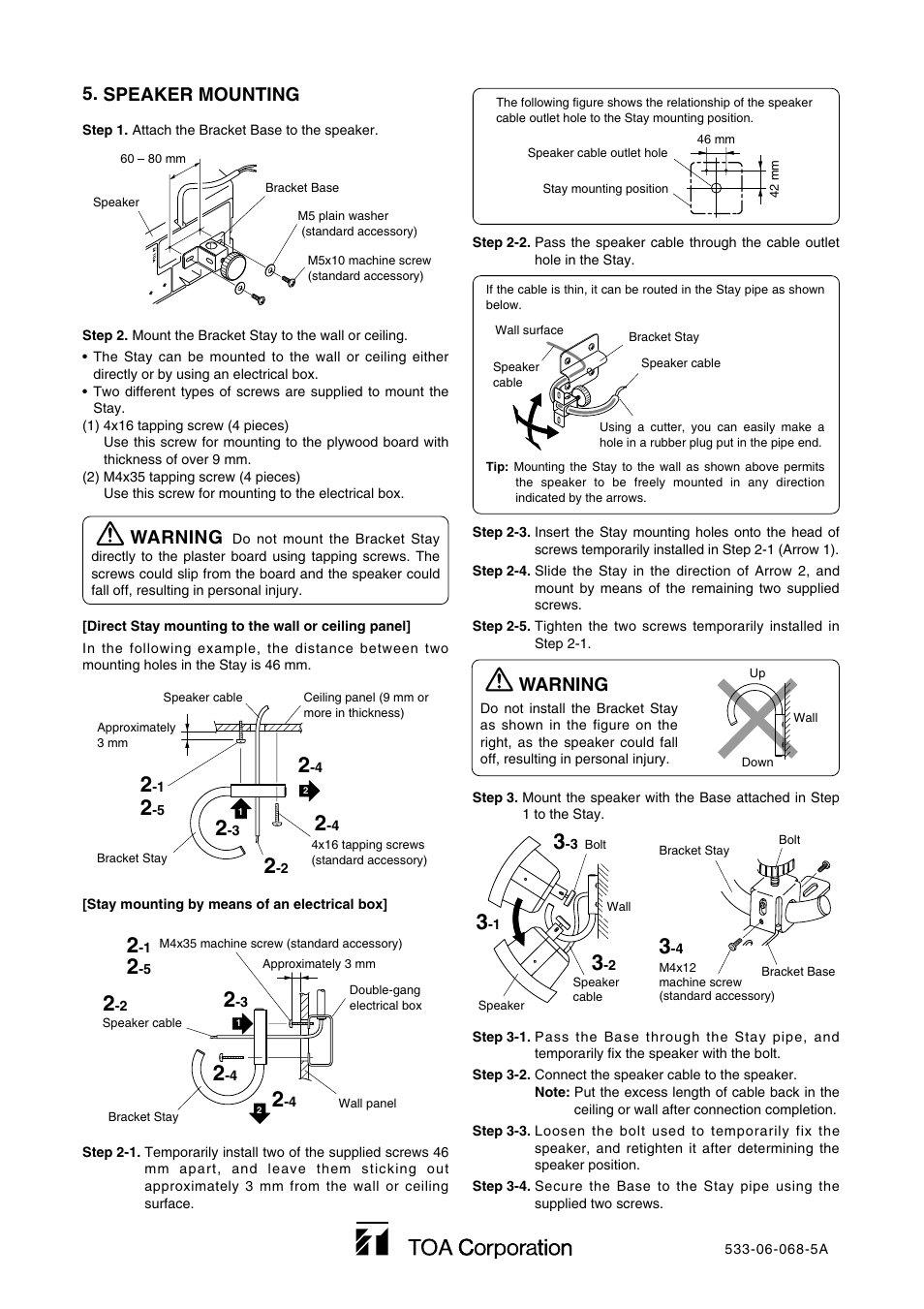 Warning, Speaker mounting | Toa SP-410 User Manual | Page 2 / 2