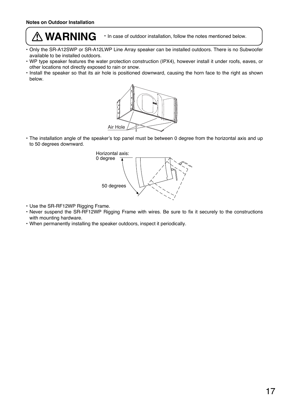 Warning | Toa SR-TP12 User Manual | Page 17 / 24