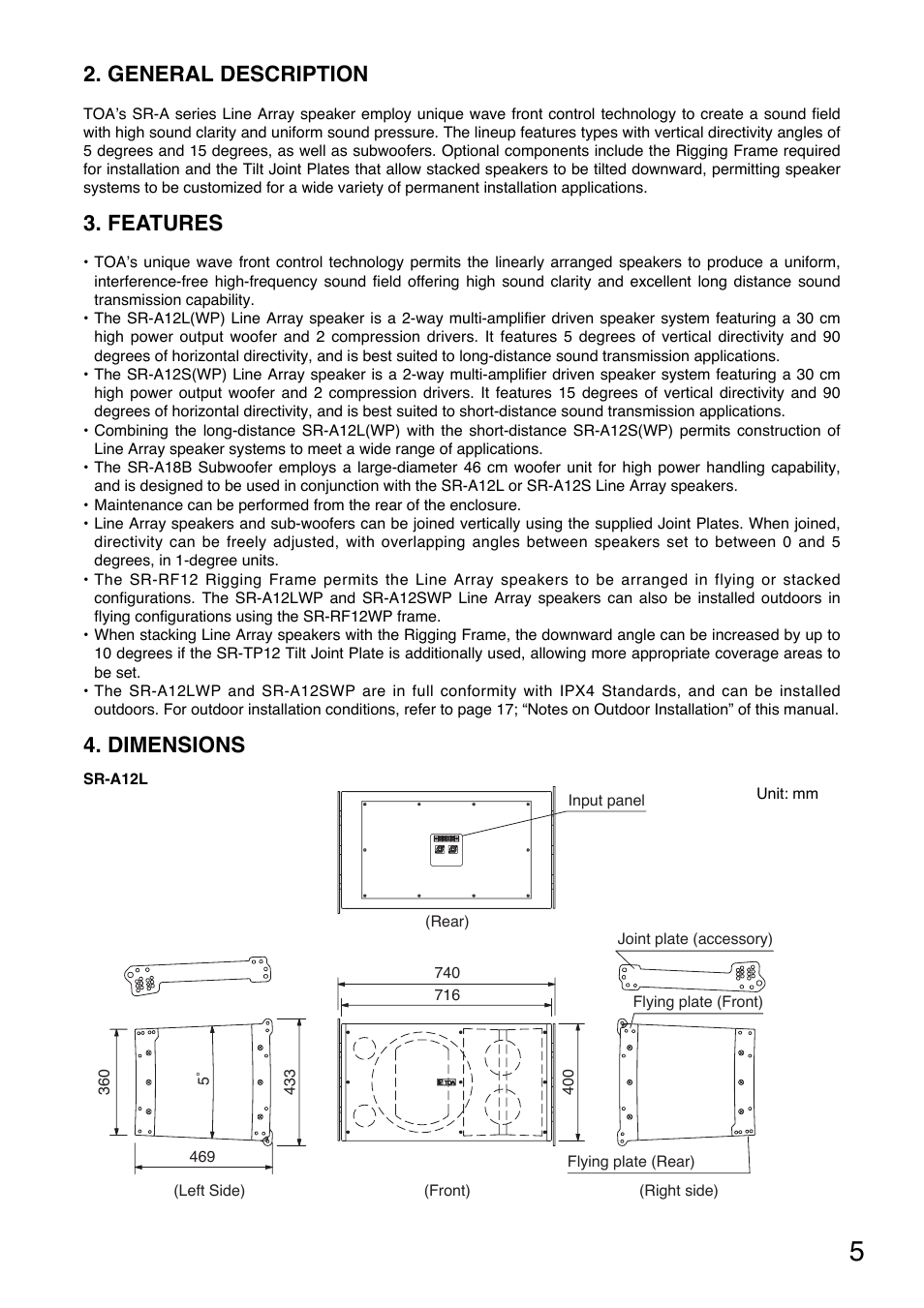 General description, Features, Dimensions | Toa SR-TP12 User Manual | Page 5 / 24