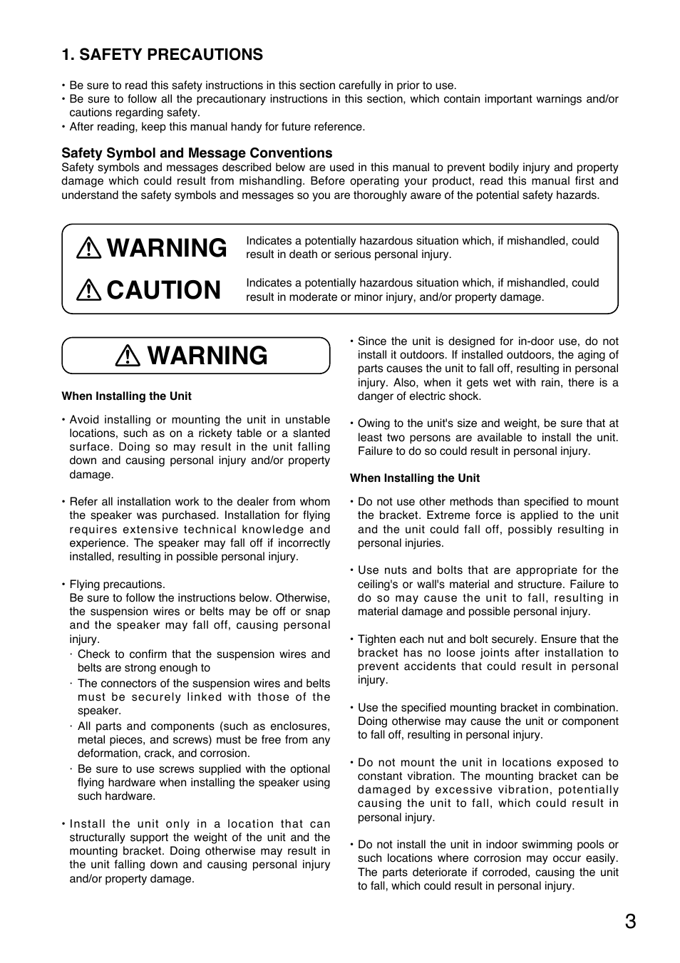 Warning, Warning caution, Safety precautions | Toa SR-CL8 User Manual | Page 3 / 32
