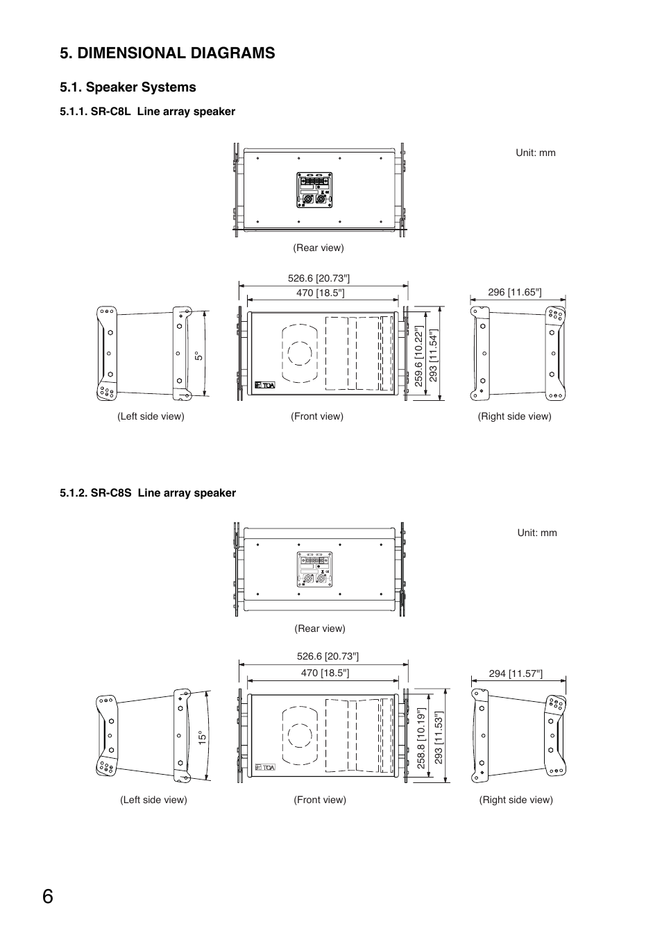 Dimensional diagrams, Speaker systems | Toa SR-CL8 User Manual | Page 6 / 32