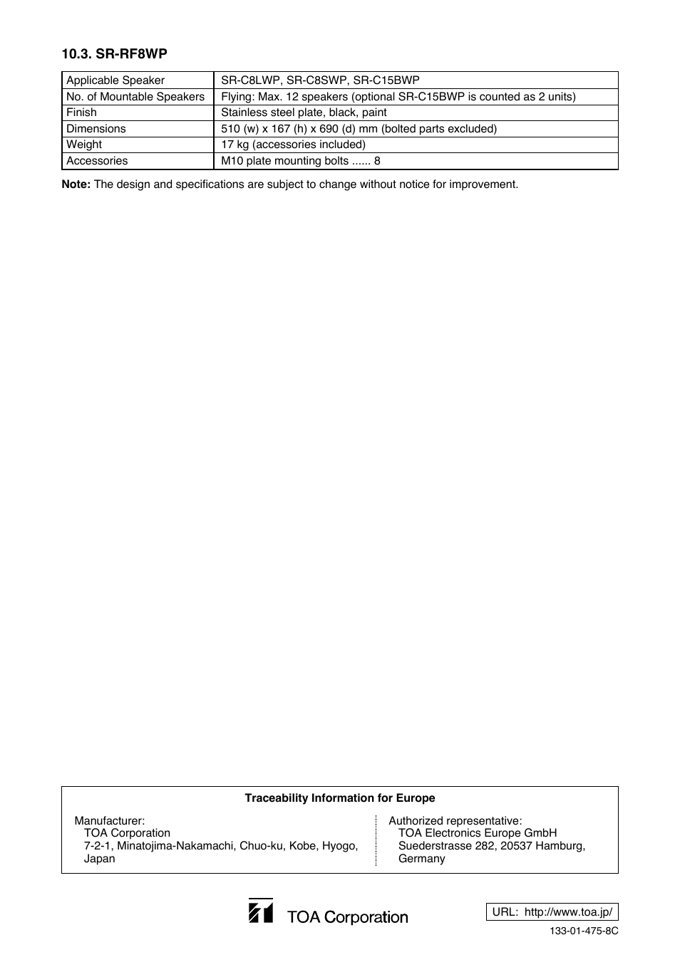 Toa SR-RF8WP User Manual | Page 20 / 20