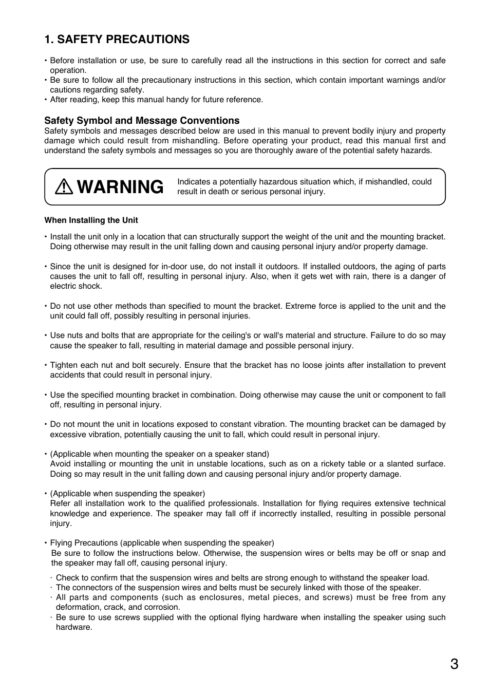 Warning, Safety precautions | Toa SR-EP3 User Manual | Page 3 / 16