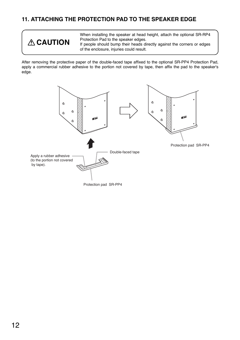 Caution, Attaching the protection pad to the speaker edge | Toa SR-PP4 User Manual | Page 12 / 16