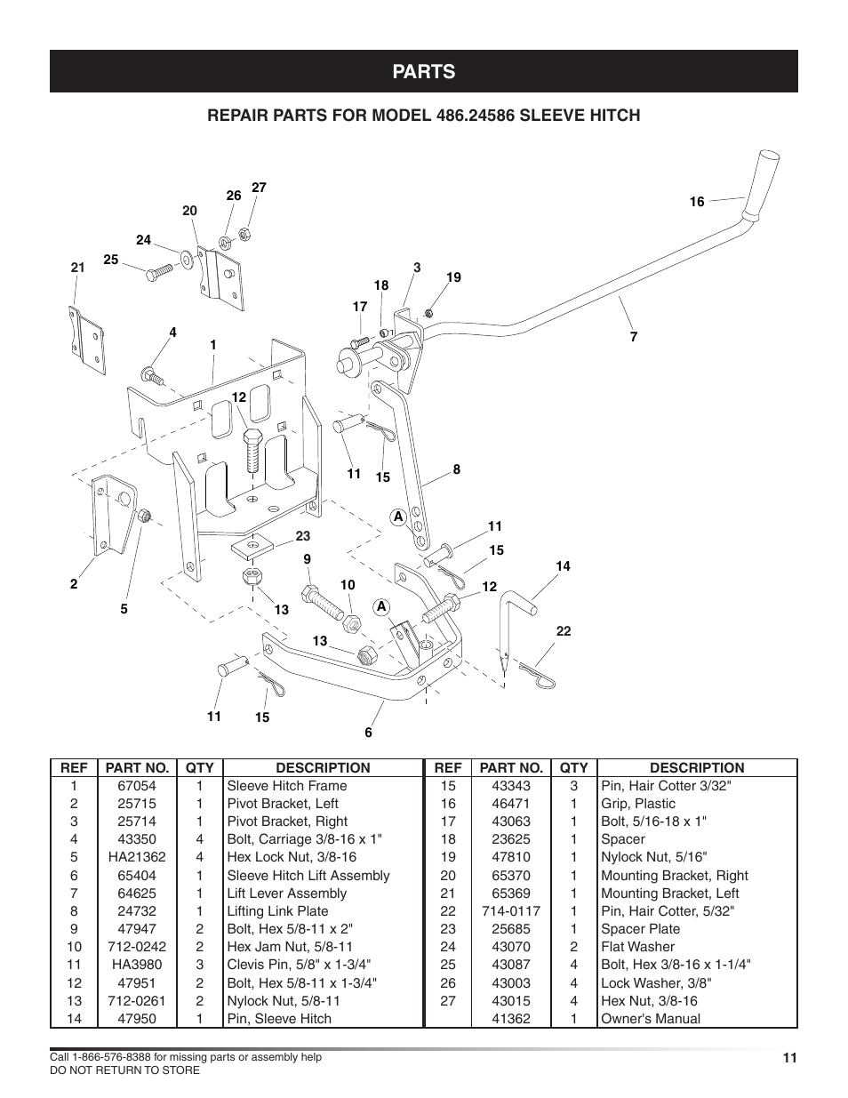 Assembly parts | Craftsman 486.24586 User Manual | Page 11 / 12