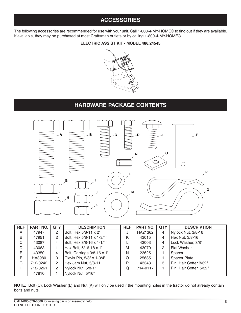 Hardware package contents, Accessories | Craftsman 486.24586 User Manual | Page 3 / 12