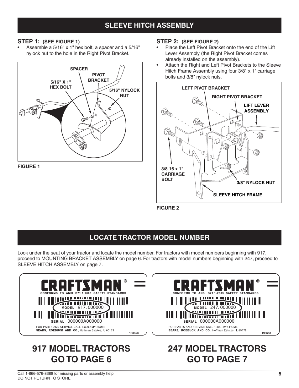 Locate tractor model number, Sleeve hitch assembly | Craftsman 486.24586 User Manual | Page 5 / 12