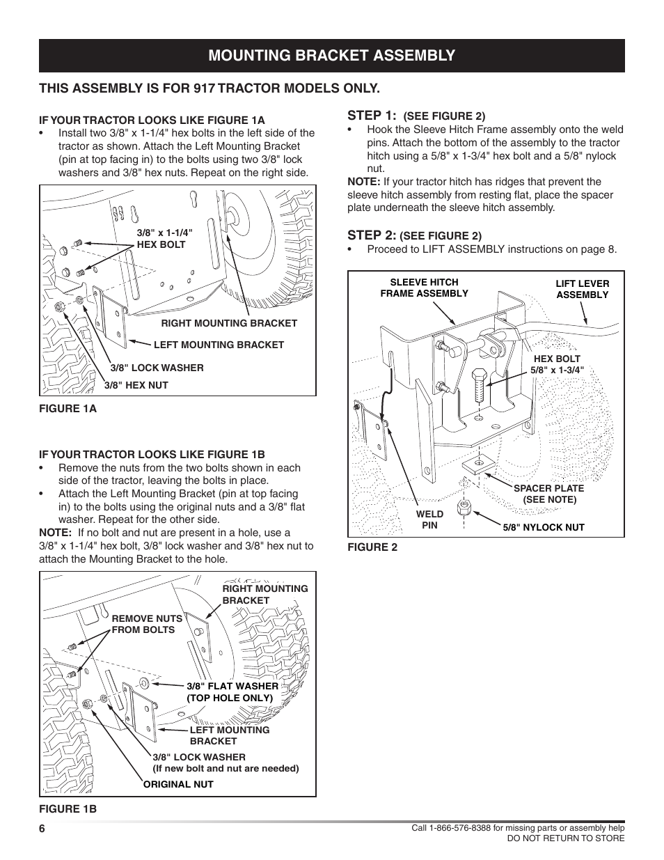 Mounting bracket assembly, Step 1, Step 2 | This assembly is for 917 tractor models only | Craftsman 486.24586 User Manual | Page 6 / 12