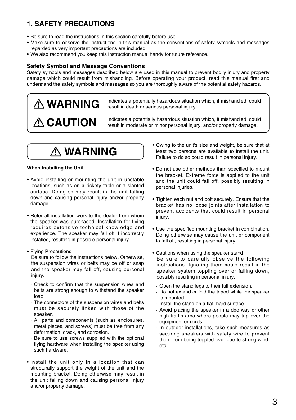 Warning, Warning caution, Safety precautions | Toa SR-L1B User Manual | Page 3 / 16