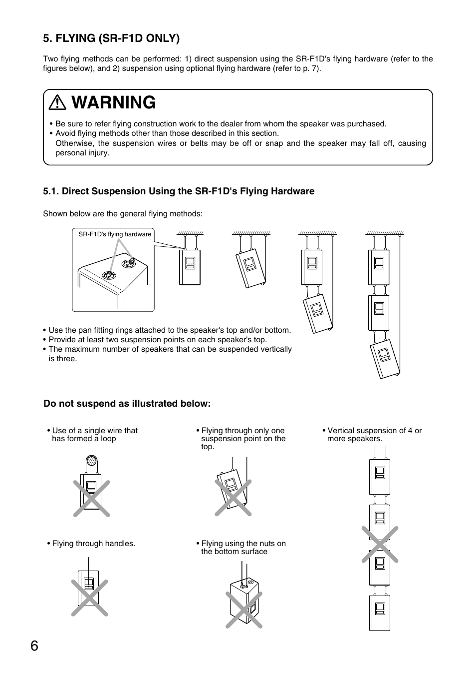 Warning, Flying (sr-f1d only) | Toa SR-L1B User Manual | Page 6 / 16