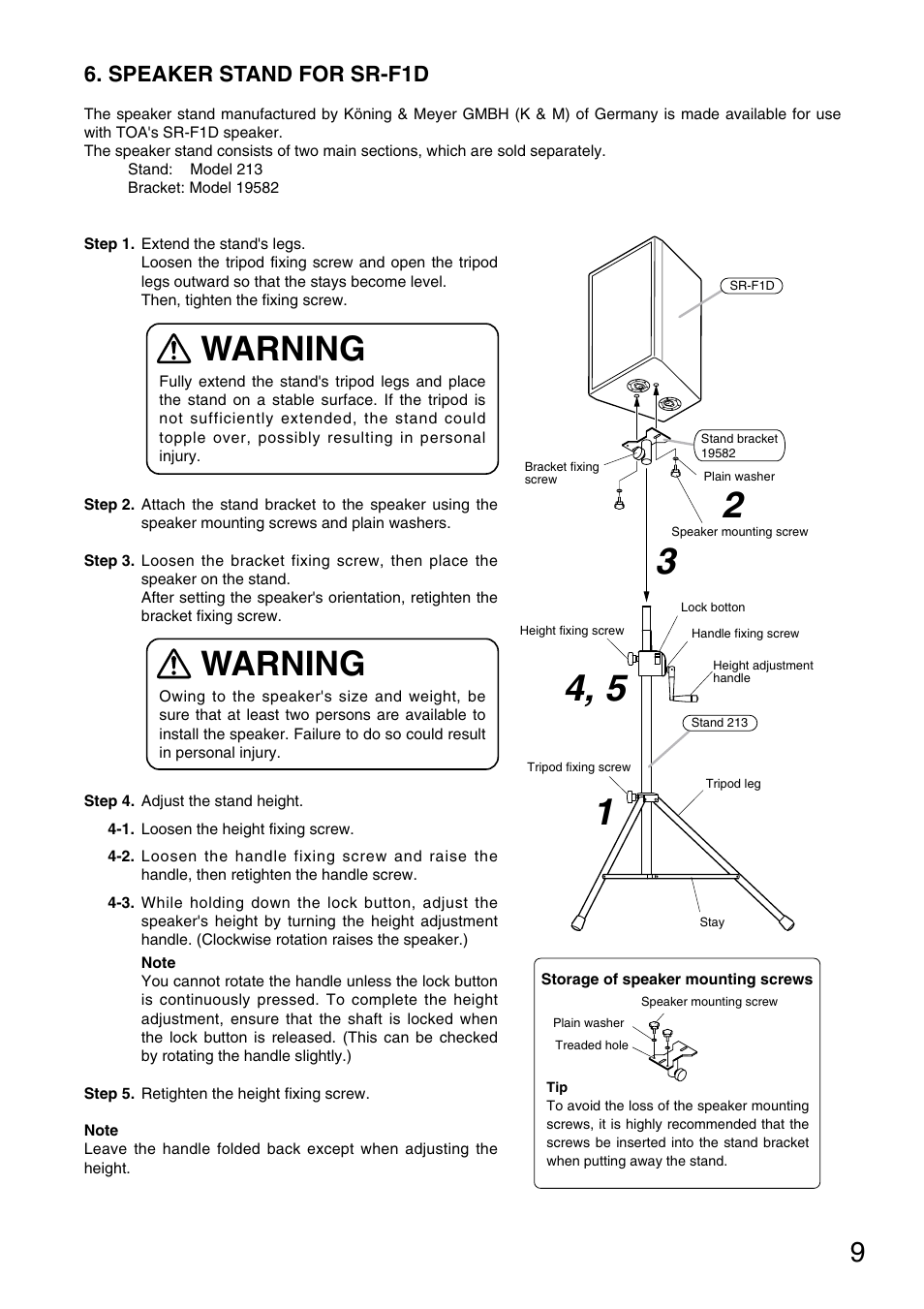 Warning, Speaker stand for sr-f1d | Toa SR-L1B User Manual | Page 9 / 16