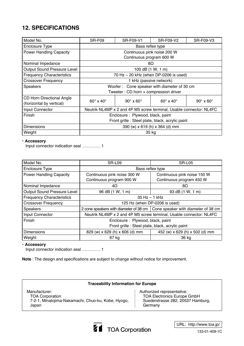 Specifications | Toa SR-L05 User Manual | Page 12 / 12