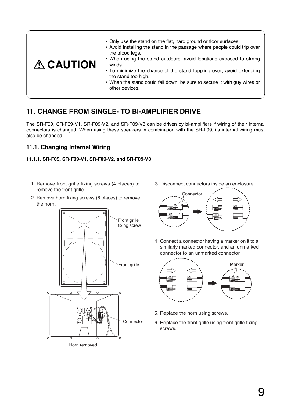 Caution, Change from single- to bi-amplifier drive | Toa SR-L05 User Manual | Page 9 / 12