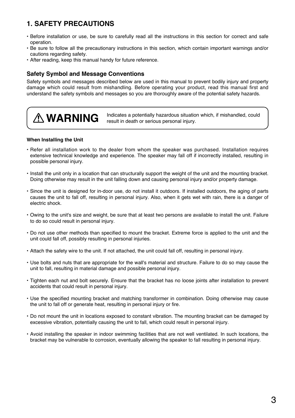 Warning, Safety precautions | Toa SR-PB5 User Manual | Page 3 / 24