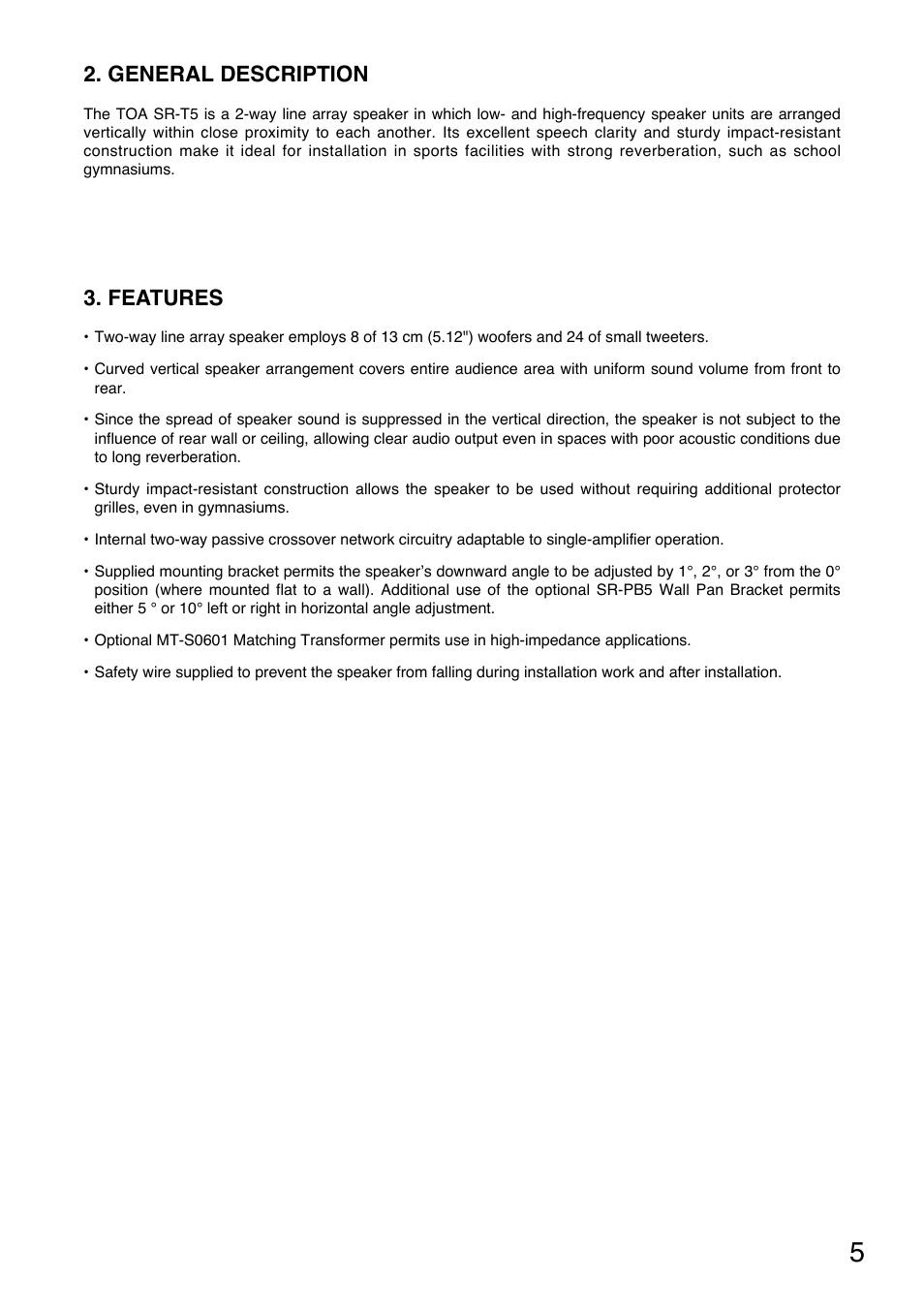 General description, Features | Toa SR-PB5 User Manual | Page 5 / 24