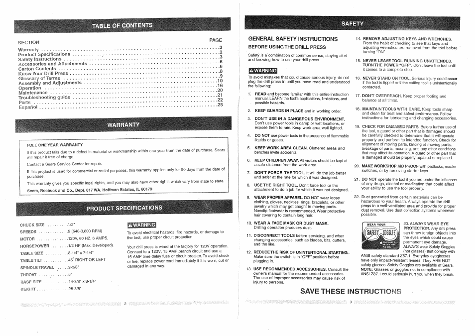 Warranty, Product specifications | Craftsman 137.219100 User Manual | Page 2 / 23