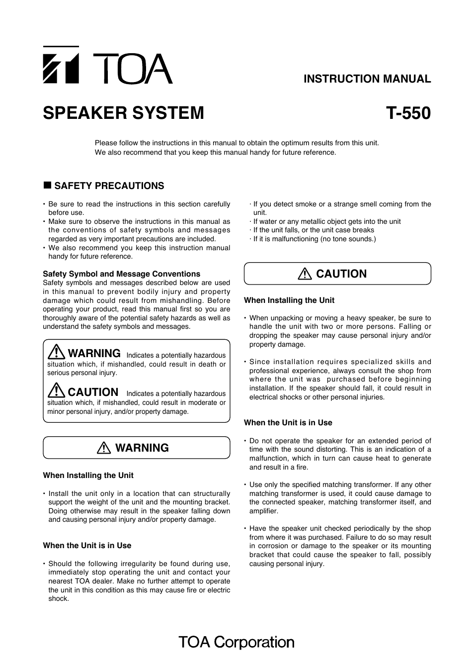 Toa T-550 User Manual | 4 pages