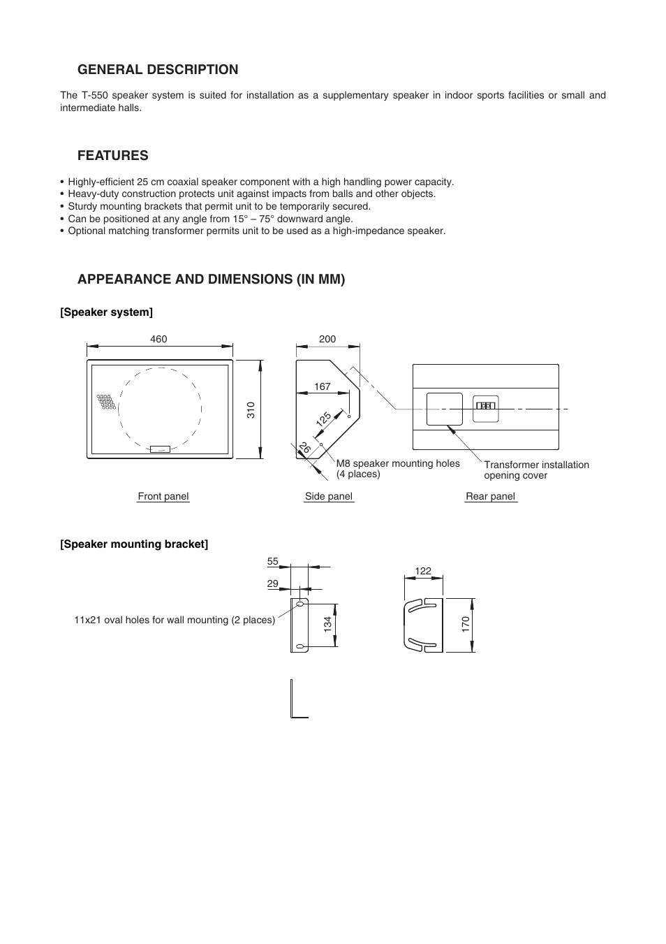 General description, Features, Appearance and dimensions (in mm) | Toa T-550 User Manual | Page 2 / 4