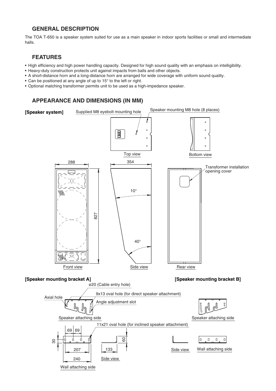 General description, Features, Appearance and dimensions (in mm) | Toa T-650 User Manual | Page 2 / 4