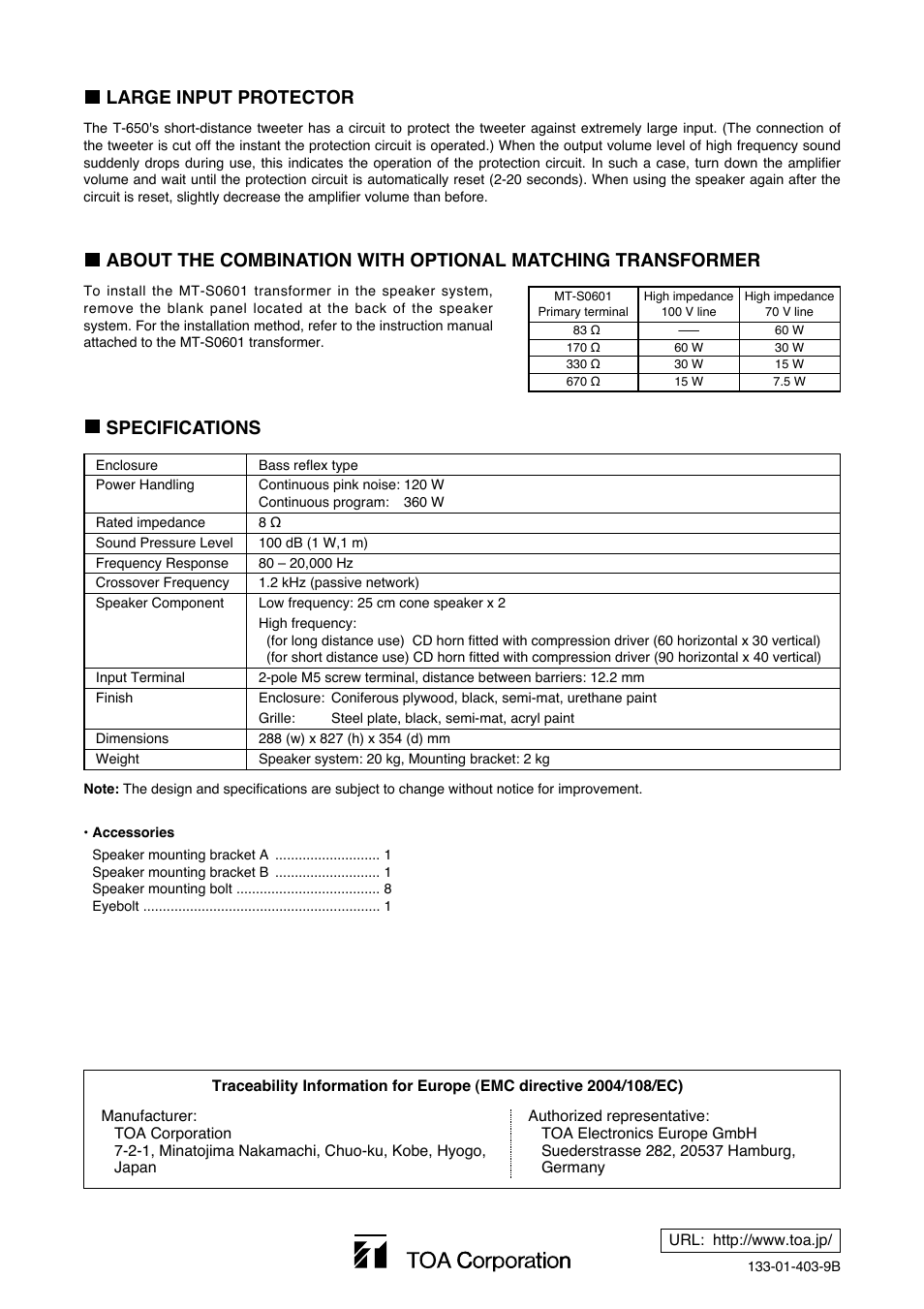 Large input protector, Specifications | Toa T-650 User Manual | Page 4 / 4
