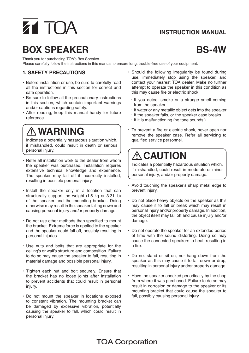 Toa BS-4W User Manual | 2 pages