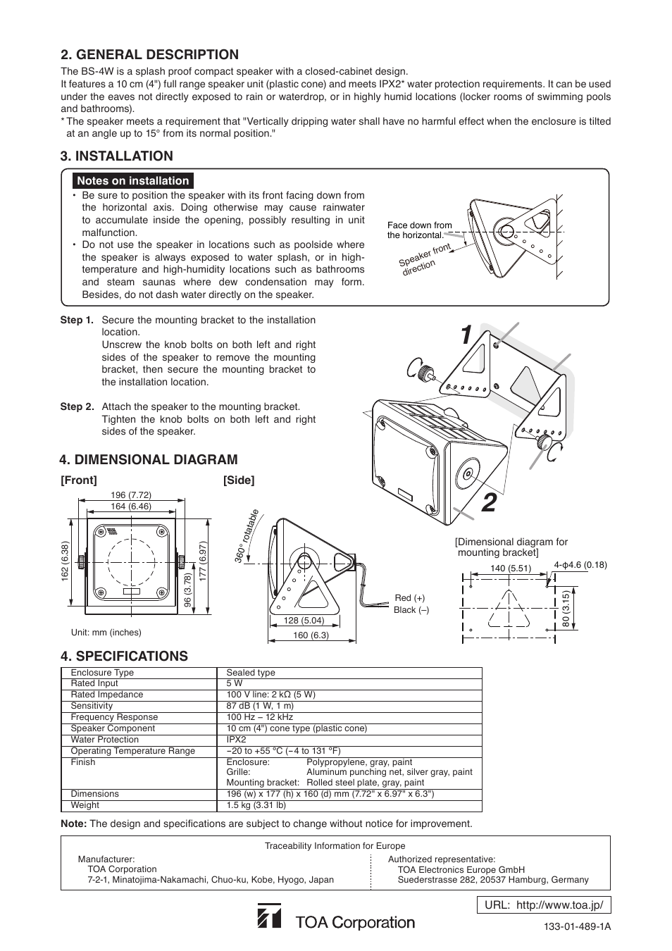 General description, Dimensional diagram, Specifications | Installation | Toa BS-4W User Manual | Page 2 / 2