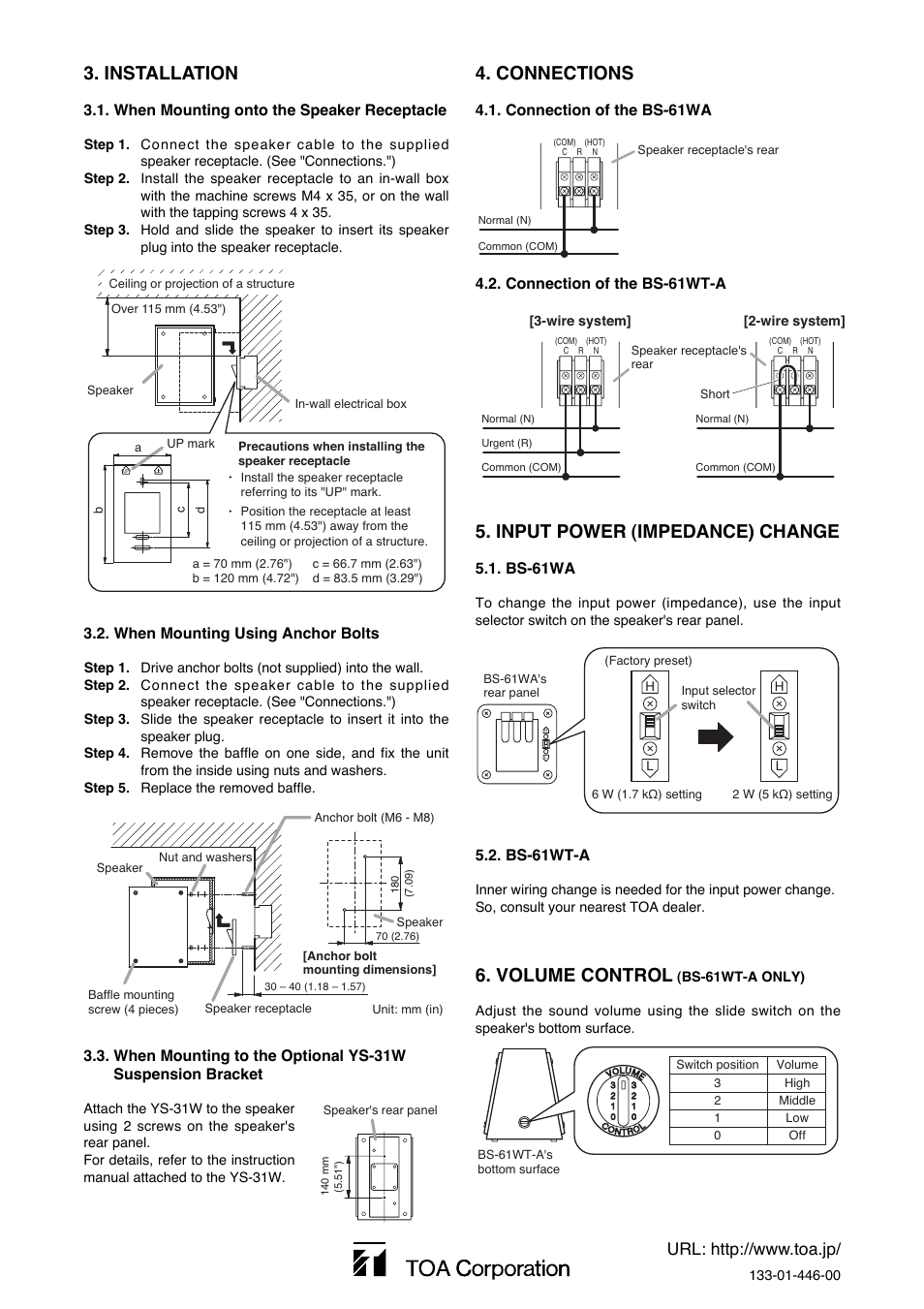 Installation, Connections, Input power (impedance) change | Volume control, When mounting onto the speaker receptacle, When mounting using anchor bolts, Connection of the bs-61wa, Connection of the bs-61wt-a, Bs-61wa, Bs-61wt-a | Toa BS-61WT-A User Manual | Page 2 / 2