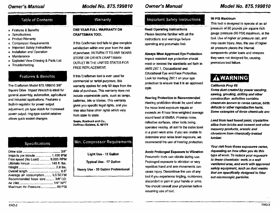 Coroprassoi requirements, Table of contents warranty, Features & benefits | Specifications, Min. compressor requirements | Craftsman 875.199810 User Manual | Page 2 / 12